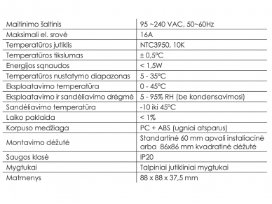 Programuojamas patalpos termostatas Konveka TW 230/16, WiFi, potinkinis, 230v 3